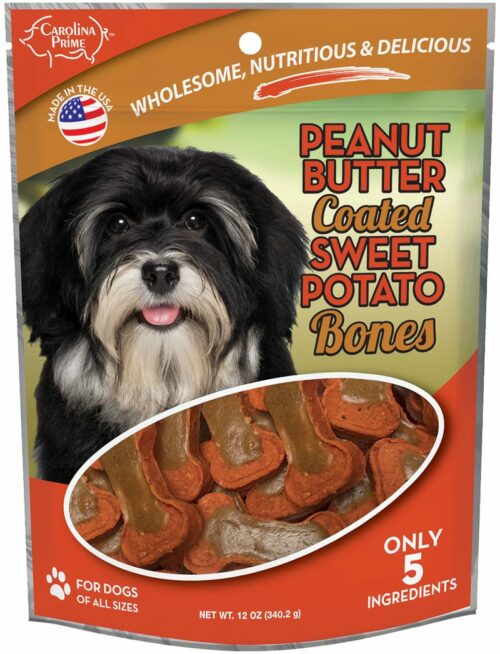 Front of Carolina Prime Pet Peanut Butter Coated Sweet Potato Bones dog treats package.