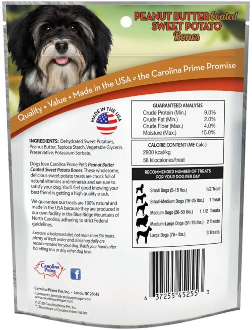 Back of Carolina Prime Pet Peanut Butter Coated Sweet Potato Bones dog treats package.