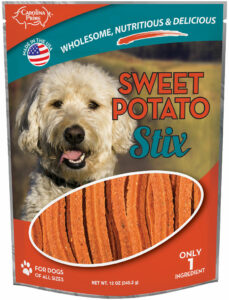 Front of Carolina Prime Pet Sweet Potato Stix dog treats package.