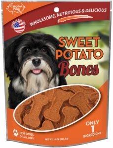Front of Sweet Potato Bones dog treats package.