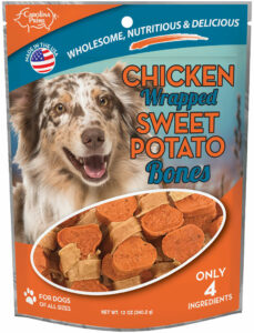 Front of Carolina Prime Pet Chicken Wrapped Sweet Potato Bone dog treats package 12 oz.