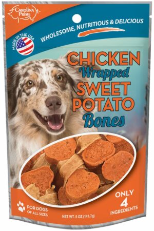 Back of Carolina Prime Pet Chicken Wrapped Sweet Potato Bone dog treats package 5 oz.