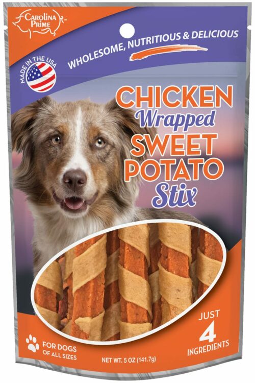 Front of Carolina Prime Pet Chicken Wrapped Sweet Potato Stix dog treats package 5 oz.