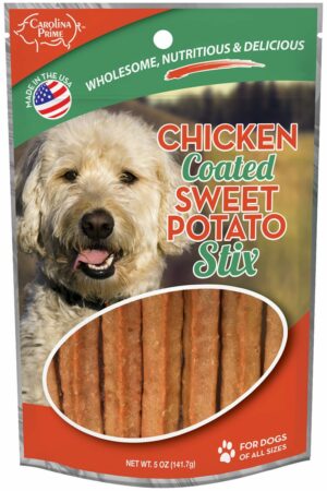 Front of Carolina Prime Pet Chicken Coated Sweet Potato Stix dog treats package 5 oz.