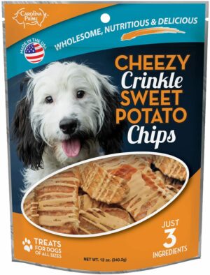 Front of Carolina Prime Pet Cheezy Crinkle Sweet Potato Chips dog treats package.