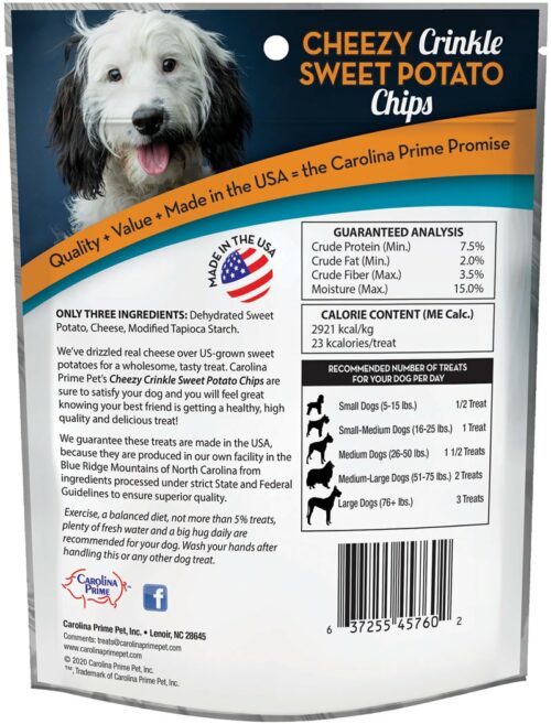 Back of Carolina Prime Pet Cheezy Crinkle Sweet Potato Chips dog treats package.