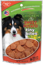 Front of Carolina Prime Pet Chicken and Sweet Potato Tiny Bites dog treats package.