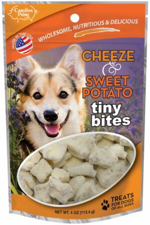 Front of Carolina Prime Pet Cheeze and Sweet Potato Tiny Bites dog treats package.