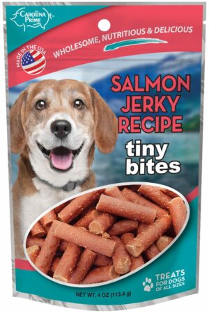 Front of Carolina Prime Pet Salmon Jerky Tiny Bites dog treats.