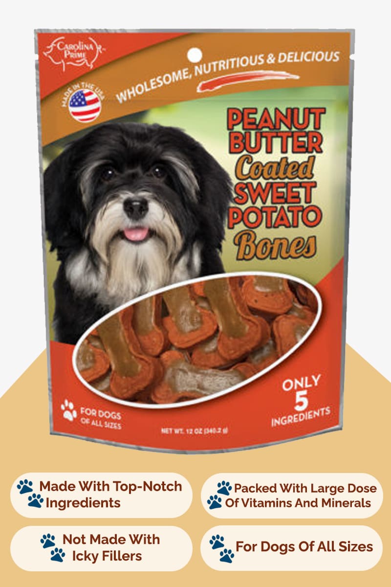 Front of Carolina Prime Pet's Peanut Butter Coated Sweet Potato Bones Dog Treats