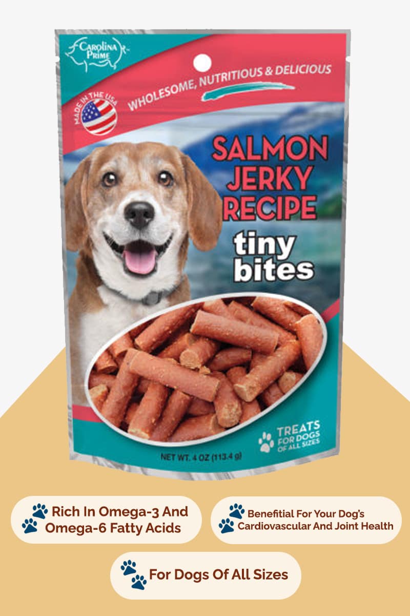 Front of Carolina Prime Pet's Salmon Jerky Tiny Bites Dog Treats