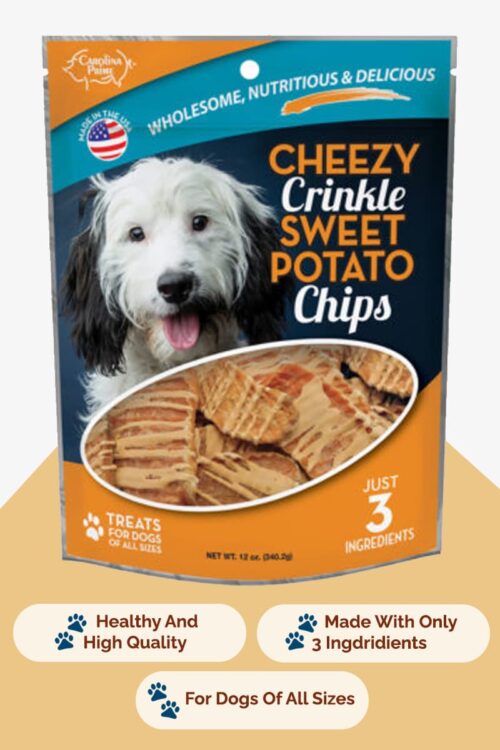 Front of Carolina Prime Pet's Cheezy Crinkle Sweet Potato Chips Dog Treats